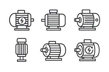 Set of six electric motor icons in black and white line art style