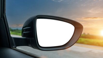 wing mirror car on the asphalt highway on sunset.