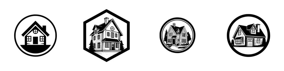 Set of black and white house icons for real estate logos, vintage building emblems, and property symbols collection