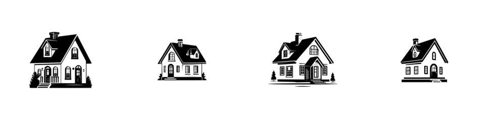Set of four black and white house icons for real estate logos or residential property symbols isolated on a white background