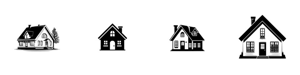Collection of four black and white house icons for real estate logos, residential building symbols, and construction branding