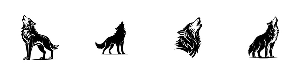 Collection of black howling wolf silhouettes and graphic icons for wildlife branding, mascot design, or nature emblem
