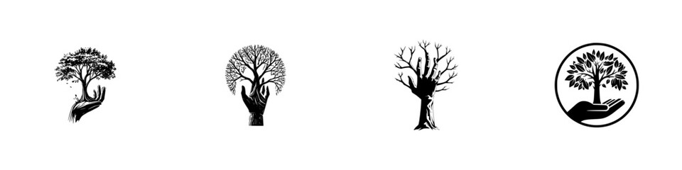 Black and white set of hand and tree silhouettes for nature conservation and environmental protection logos or emblems