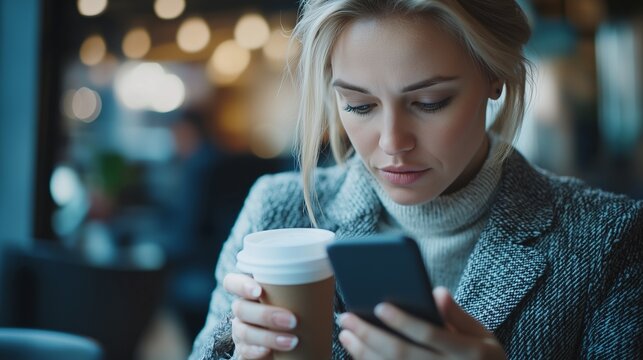 Woman holding cup of coffee and looking at her phone. Close up of female executive in coffee. A smartphone with a shallow depth field. A woman with a coffee cup gazing at lifestyle her phone. - Powered by Adobe