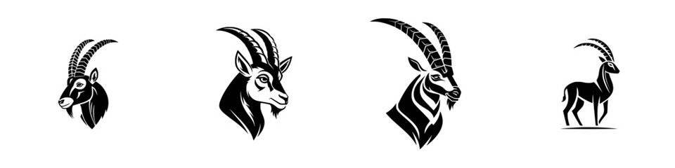 Set of black and white ibex logos and icons with mountain goat head portraits and a full body silhouette