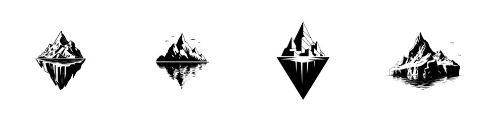 Fototapeta premium Collection of minimalist mountain peak and iceberg silhouettes with reflections in water isolated on a white background