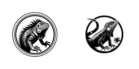 Black and white iguana logo set with two graphic reptile emblems in a circle frame for a tattoo or brand identity design