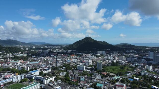 Aerial Drone View of Bustling Poon Poon Road, Old Phuket Town with Temples, Traffic and Colorful Buildings