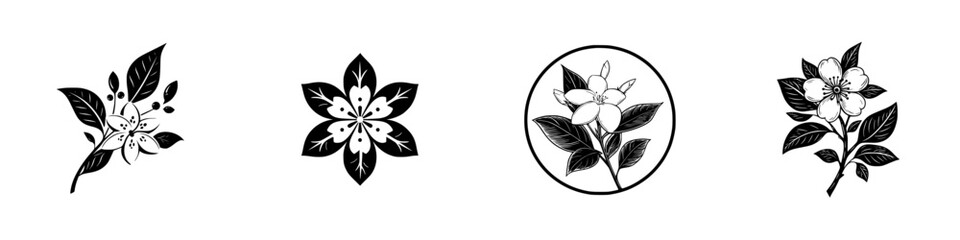 Set of four black and white floral icons with leaves and branches in a minimalist graphic style for logo design or decoration