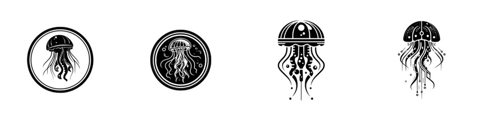 Set of four black and white jellyfish icons for logos or emblems, stylized marine life animal silhouettes isolated on white background
