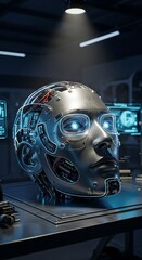 Fototapeta premium Futuristic Robot Head with Glowing Eyes in a High-Tech Lab.