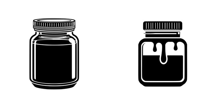 Minimalist black glyph icons of a glass container and a jar with dripping liquid like honey or jam, isolated on a white background