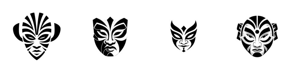 A collection of four distinct tribal masks with ethnic patterns and traditional designs, presented as bold black and white graphic symbols