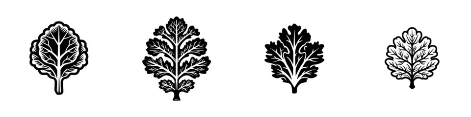 Stylized black and white leaf icon set with four different botanical shapes in a graphic woodcut or linocut art style