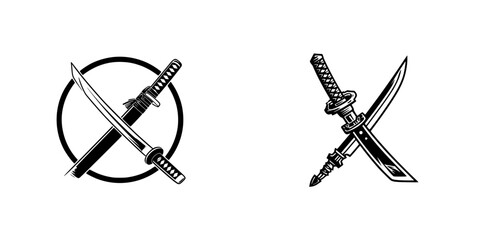 Crossed Japanese Katana Sword and Scabbard Emblem Set Black and White Graphic Icon for Martial Arts or Samurai Theme