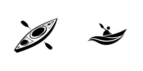 Kayak and canoe icons set with person paddling on water wave, top view and side view silhouette for sport and recreation