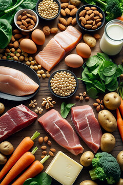 Assortment of high protein foods including salmon, chicken, red meat, eggs, milk, cheese, nuts, legumes, and fresh vegetables arranged on wooden table for healthy eating and balanced diet concept