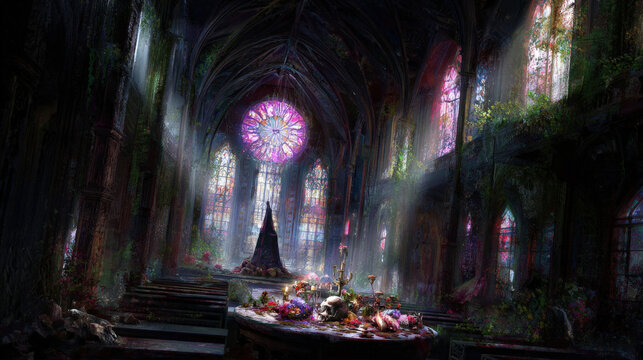 An ancient cathedral in ruins, overtaken by nature and filled with unsettling relics, where eerie stained-glass windows cast a ghostly glow. A dark ritualistic circle surrounds a pulsating black obeli