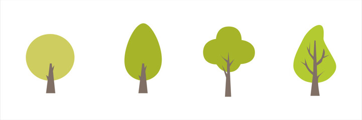 Set of flat green tree icons in minimal style isolated on white background for eco design use.