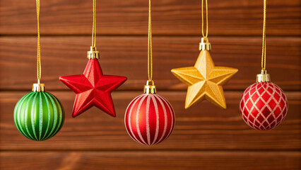 Christmas ornaments including green ribbed ball red star striped ball golden star diamond patterned ball hanging from golden strings.