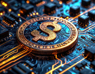 A gold coin with the letter S on it is displayed on a circuit board