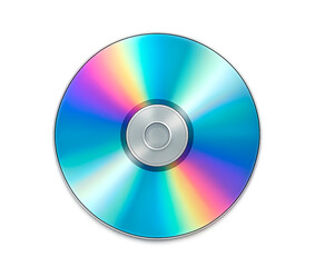 Realistic shiny compact disc isolated on transparent background, colorful rainbow reflection DVD or CD illustration for music, data storage, technology design.