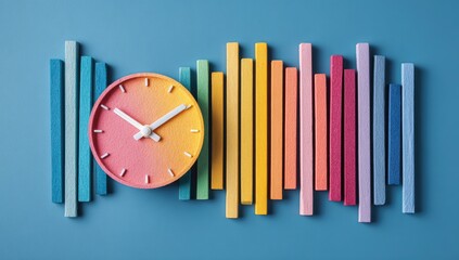 A clock sits amidst colorful, vertically-aligned rectangular blocks, creating a visual metaphor for time and progress
