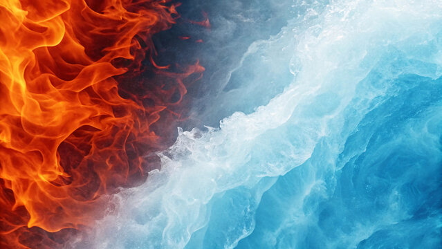 Striking contrast between fierce orange flames and cool blue ice formations merging together in powerful elemental battle of opposing forces.