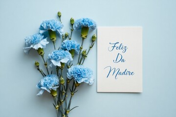 Feliz Día de la Madre Greeting Card with Flowers Flat Lay with blue flower and blue background