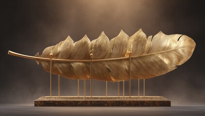 Gold feather art piece on a dark pedestal