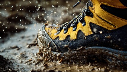 Close-up of hiking boot in mud, water splashing