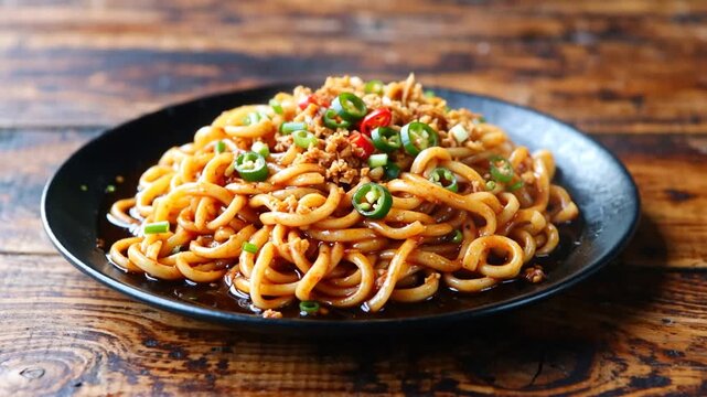 Nouilles udon saut&eacute;es avec de la viande hach&eacute;e.
