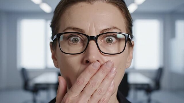 Femme d'affaires choqu&eacute;e se cachant la bouche.