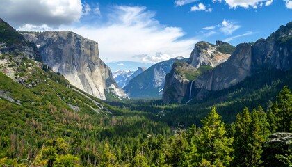 Majestic valley nestled between towering granite peaks under a vibrant sky