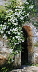 Naklejka premium Stone archway draped in white blossoms