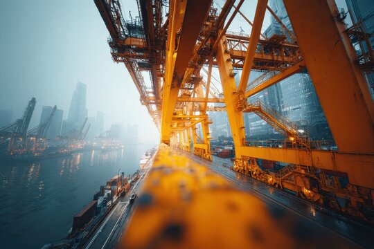 Yellow gantry cranes overlook a busy container port with a misty urban skyline.