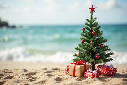 Christmas tree on the beach. Gift Boxes on sand beach shore. Decorated pine or fir tree.