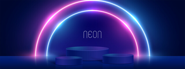 Neon podiums with soft material base. Light podium stages and product showcase platform with covers and golden in round and square shape. 