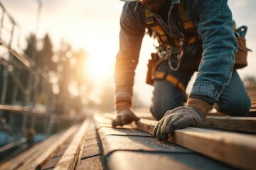 Fototapeta premium Dedicated construction worker installing roof shingles during a vibrant sunset.