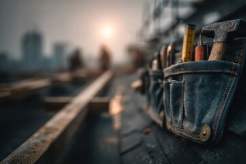 Denim tool belt with essential tools on a construction site, blurred cityscape.