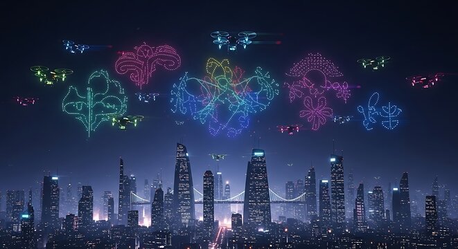 Futuristic Cityscape with Drone Light Show - A Nighttime Spectacle.