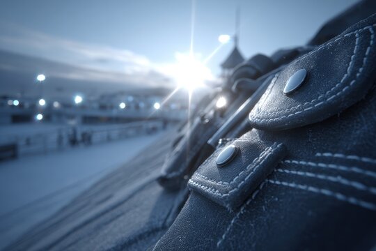 Textured material close-up with white stitching, metal rivets, and bright lens flare.