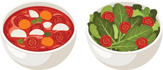 Healthy Tomato Soup and Fresh Green Salad in Bowls – Vegetarian Food Vector Illustration for Menu, Recipe, and Cooking Design