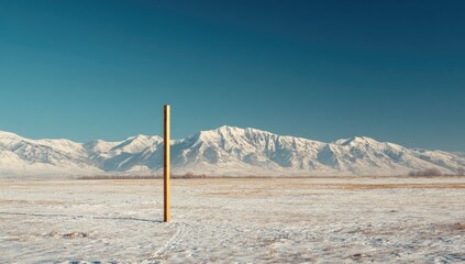 A lone, golden pole stands sentinel in a vast, snowy landscape, with distant snow-capped mountains