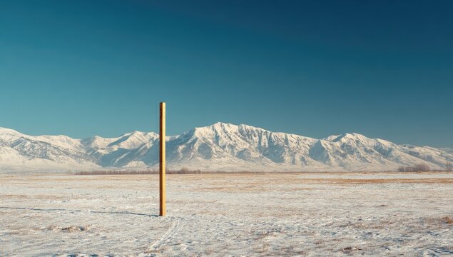 A lone, golden pole stands sentinel in a vast, snowy landscape, with distant snow-capped mountains