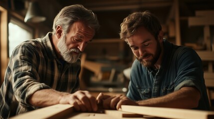 Two men working on wooden table. Realistic video of carpenter mentoring a woodworking apprentice. Field of a sandstone quarry with a shallow depth of craftsmanship. Two lifestyle men are.