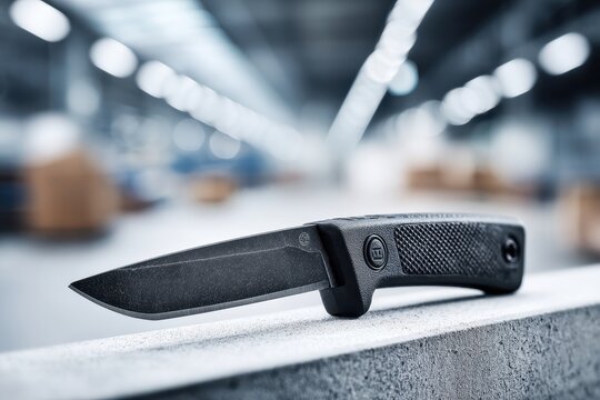 Modern black fixed-blade knife displayed on concrete with a blurred industrial background.