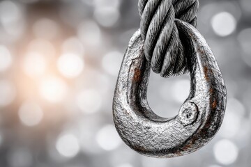 Strong, textured, rusted metal hook and wire rope with a soft bokeh background.