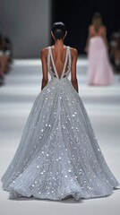 Naklejka premium East Asian model walking forward in elegant gown on runway 