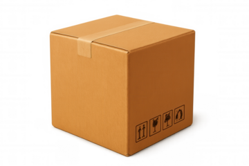 Sealed cardboard box with packaging symbols resting on a transparent background, ideal for shipping and delivery concepts
